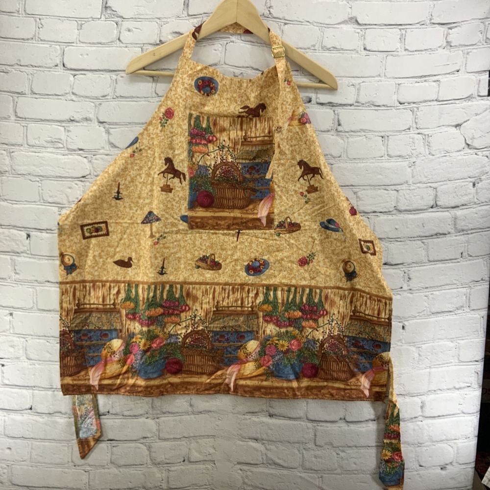 Kitchen Apron Garden Print Cottagecore Beige Flower Baskets Horses
